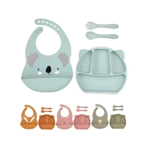 Animal Pattern Bebe Plato Spoom Fork with Strong Sution for Children Reusable Washable Non Slip Non Toxic Heat Resistant